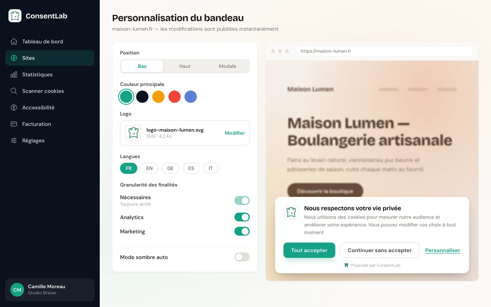 Plateforme de gestion du consentement RGPD, ConsentLab, capture 3