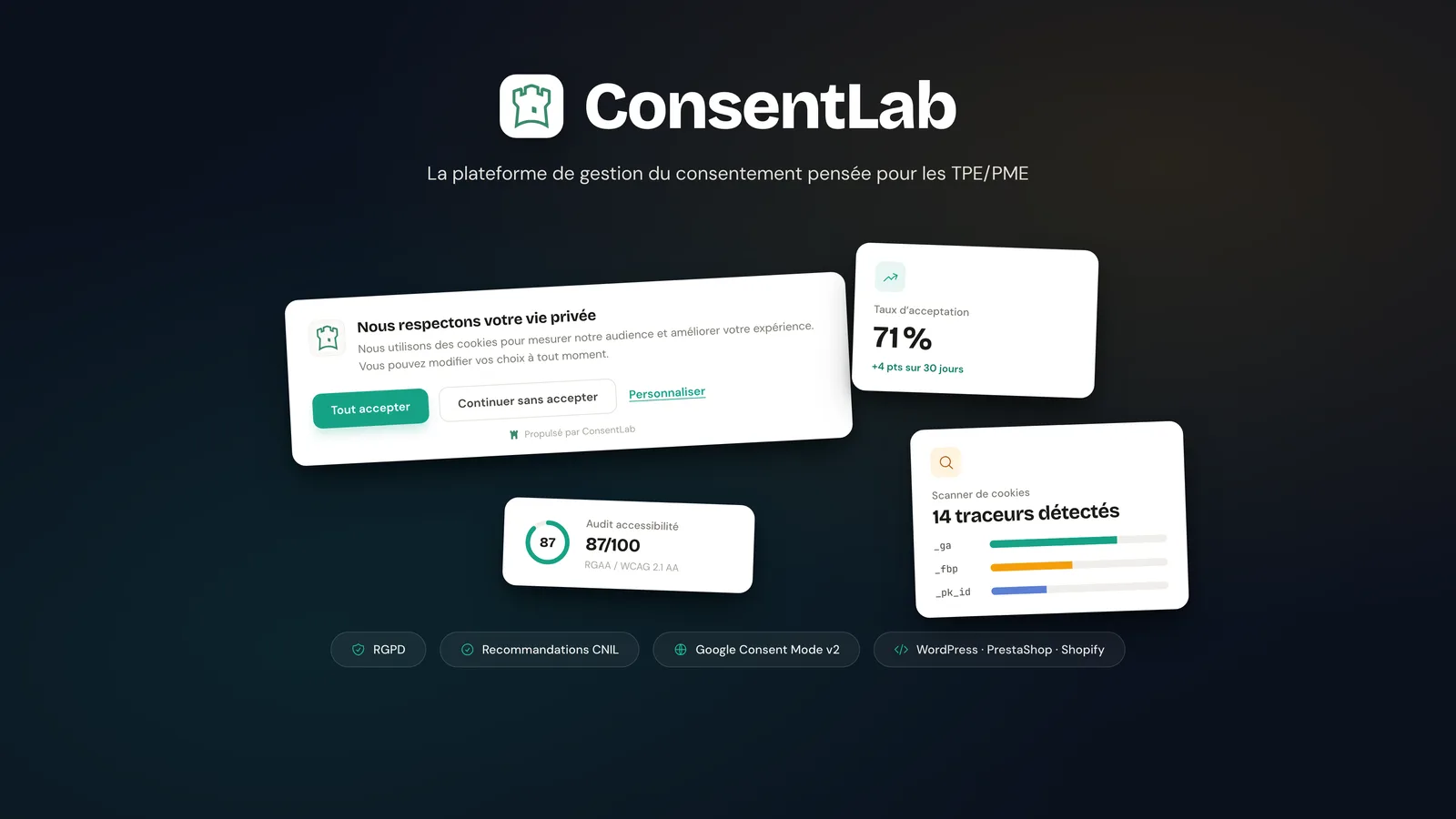 Aperçu de ConsentLab, bandeau de consentement conforme RGPD